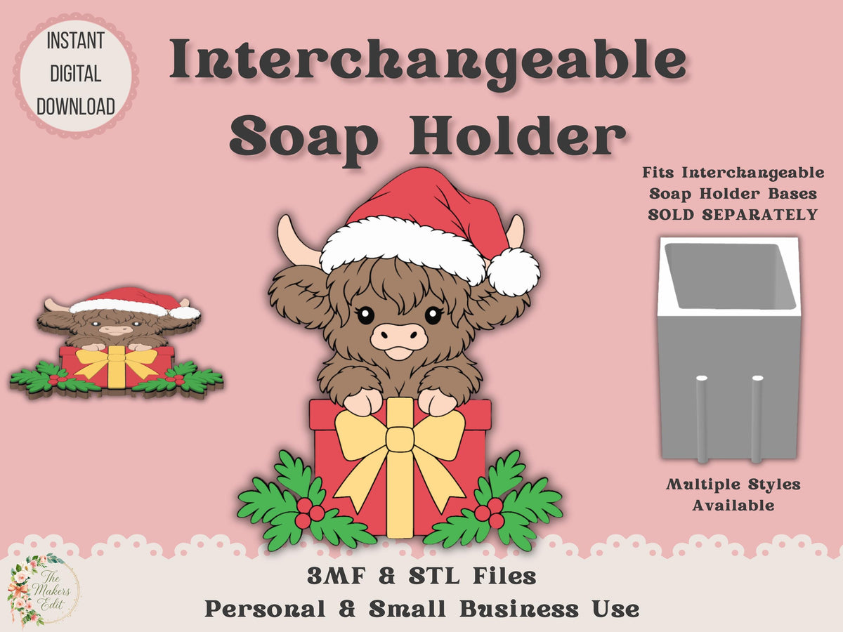 Soap Holder - Interchangeable Top 3D Printer File | Christmas Highland Cow STL 3MF