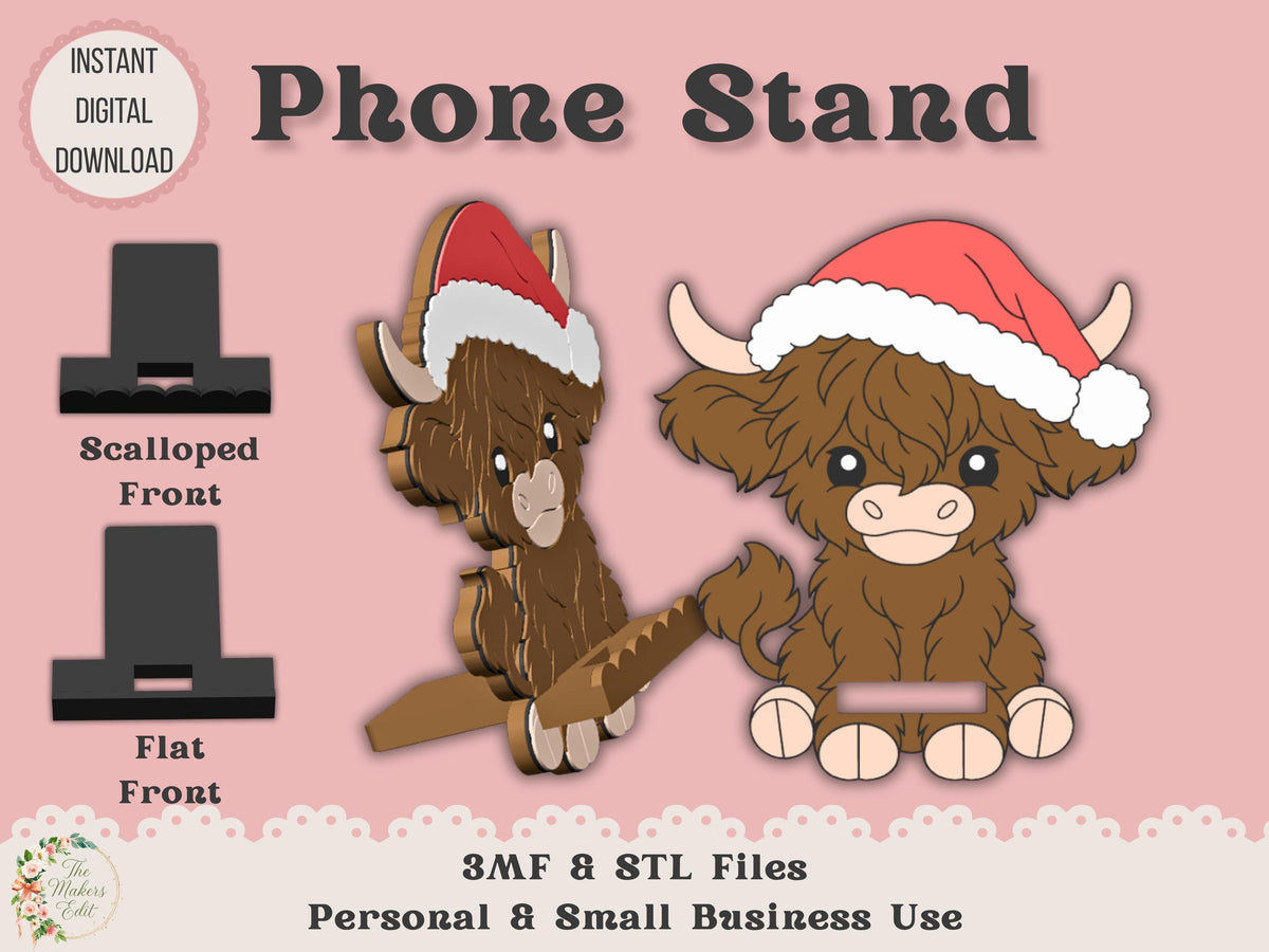 Phone Stand 3D Printer File | Highland Cow Santa Hat STL 3MF