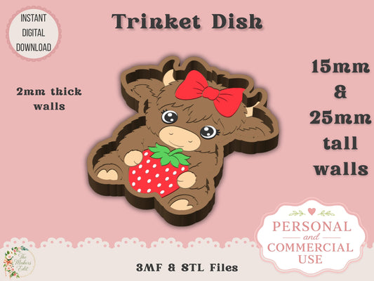 Highland Cow with Strawberry & Bow - Trinket Dish - Digital File