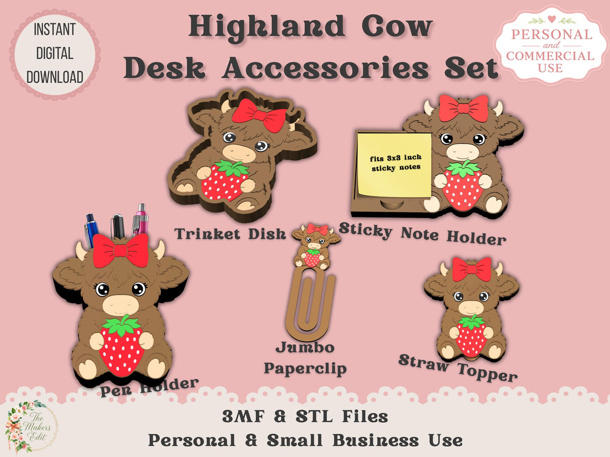 Highland Cow Strawberry Desk Accessories Bundle - Digital File