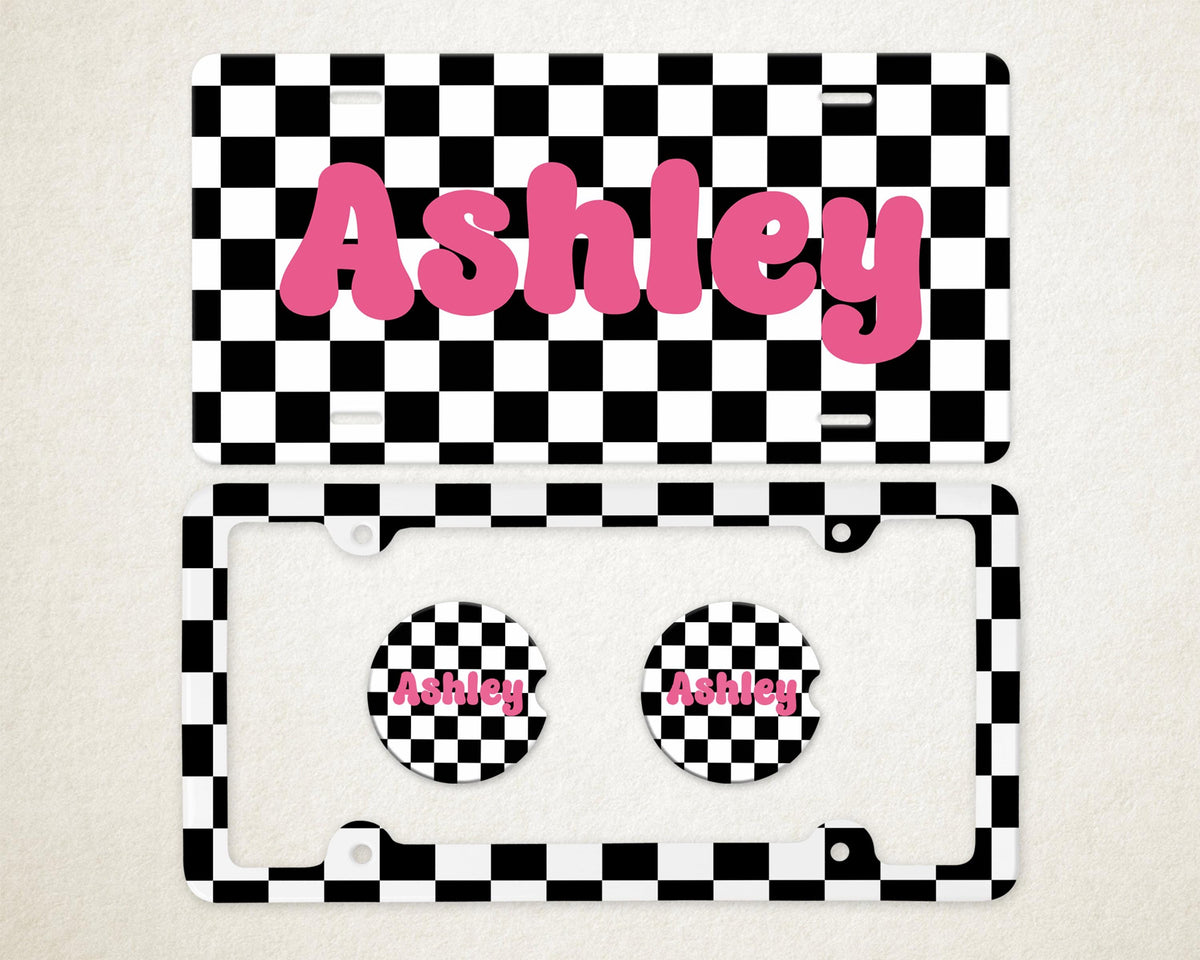 Personalized Car Accessories Set | Front License Plate, License Plate Frame, and Coasters | Checkered Retro Bubble Letters