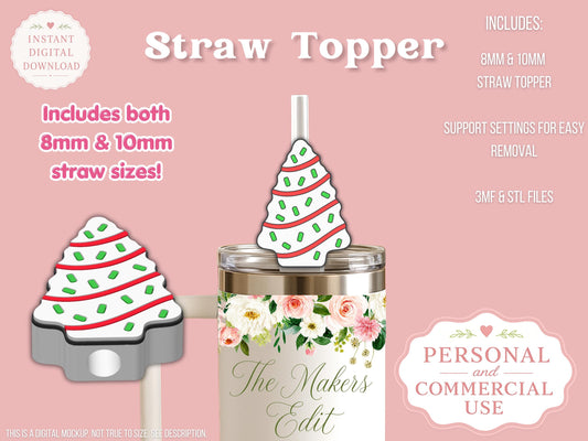 Straw Topper 3D Printer File | Christmas Tree Cake STL 3MF Tumbler Accessories