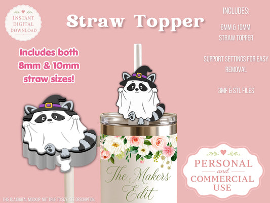 Straw Topper 3D Printer File | Ghost Witch Raccoon STL 3MF | Fits 10mm & 8mm Straws