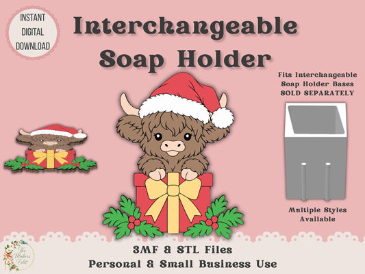 Soap Holder - Interchangeable Top 3D Printer File | Christmas Highland Cow STL 3MF