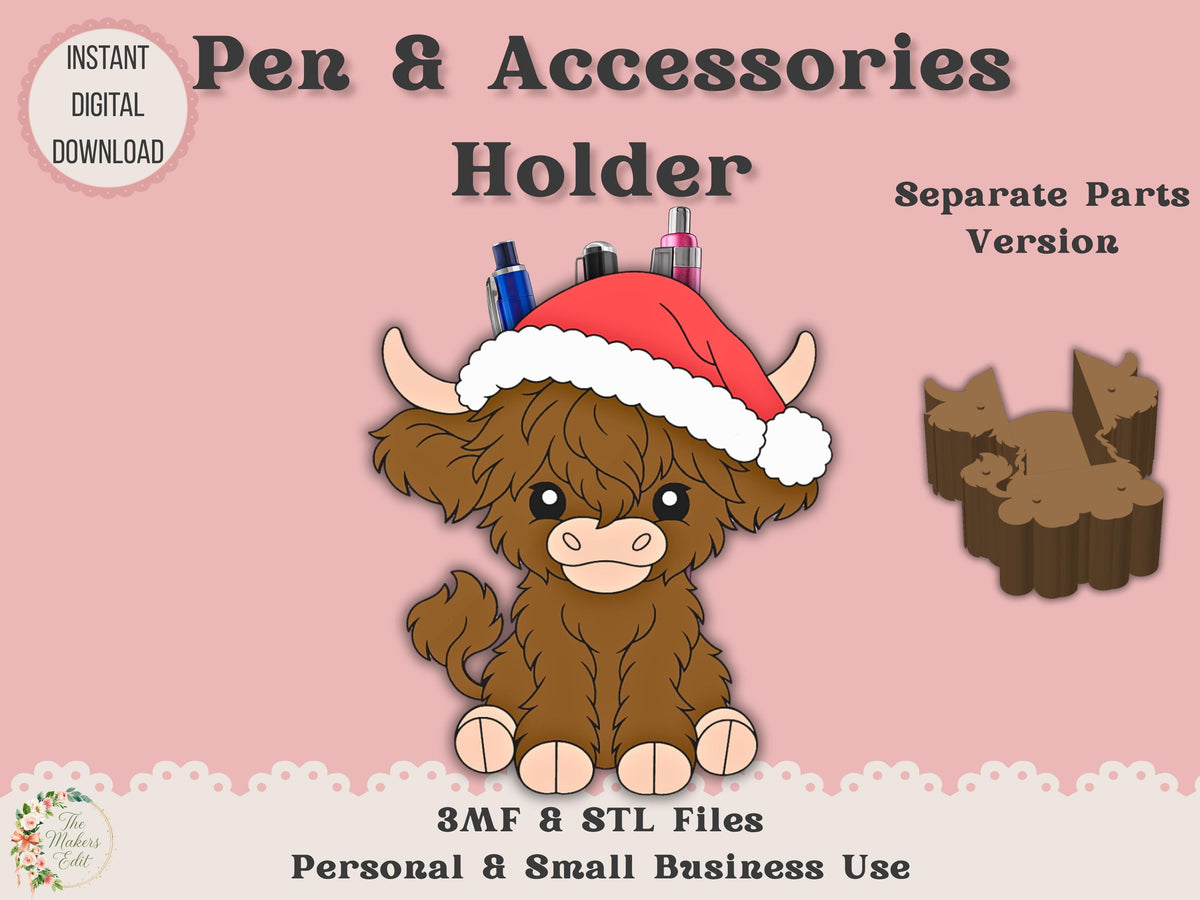 Pen Holder 3D Printer File | Highland Cow Santa Hat STL 3MF