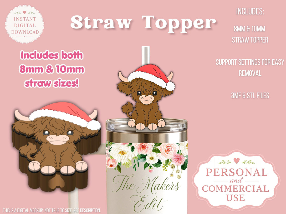 Straw Topper 3D Printer File | Highland Cow Santa Hat STL 3MF | Fits 10mm & 8mm Straws