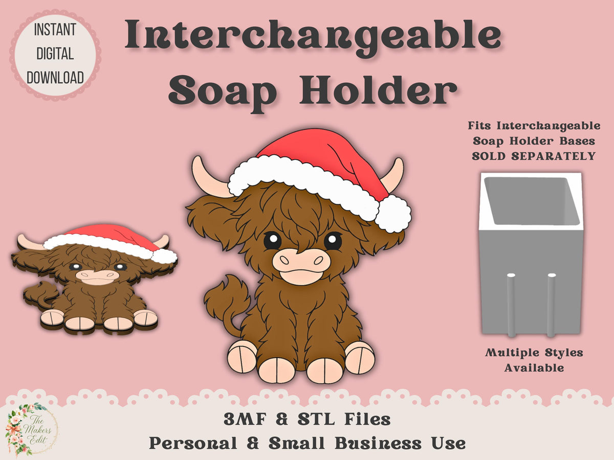 Soap Holder - Interchangeable Top 3D Printer File | Christmas Highland Cow Santa Hat STL 3MF