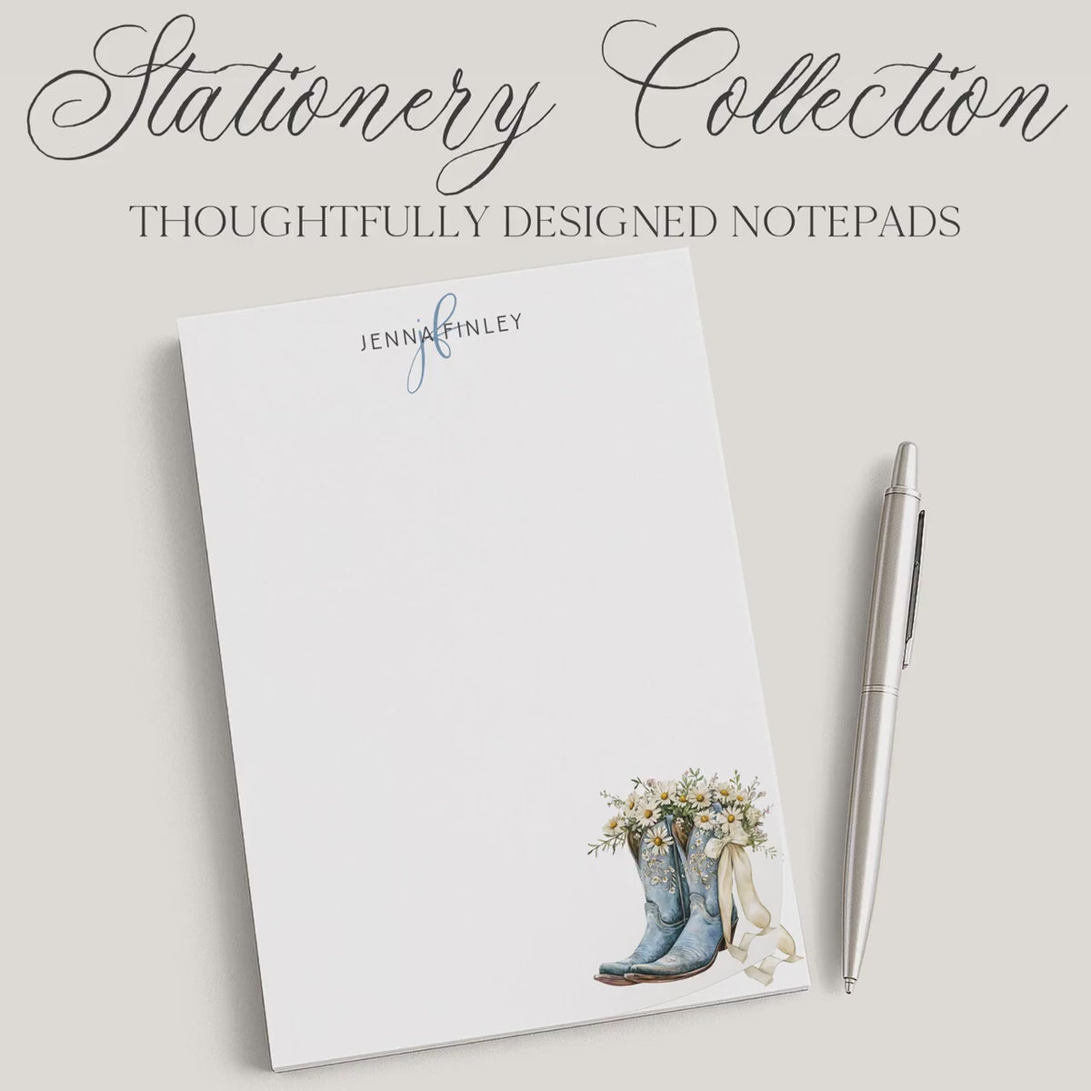 Personalized Floral Notepad | Blue Flower Cowgirl Boots | Coquette Bow & Daisies | Mother's Day Gift Idea